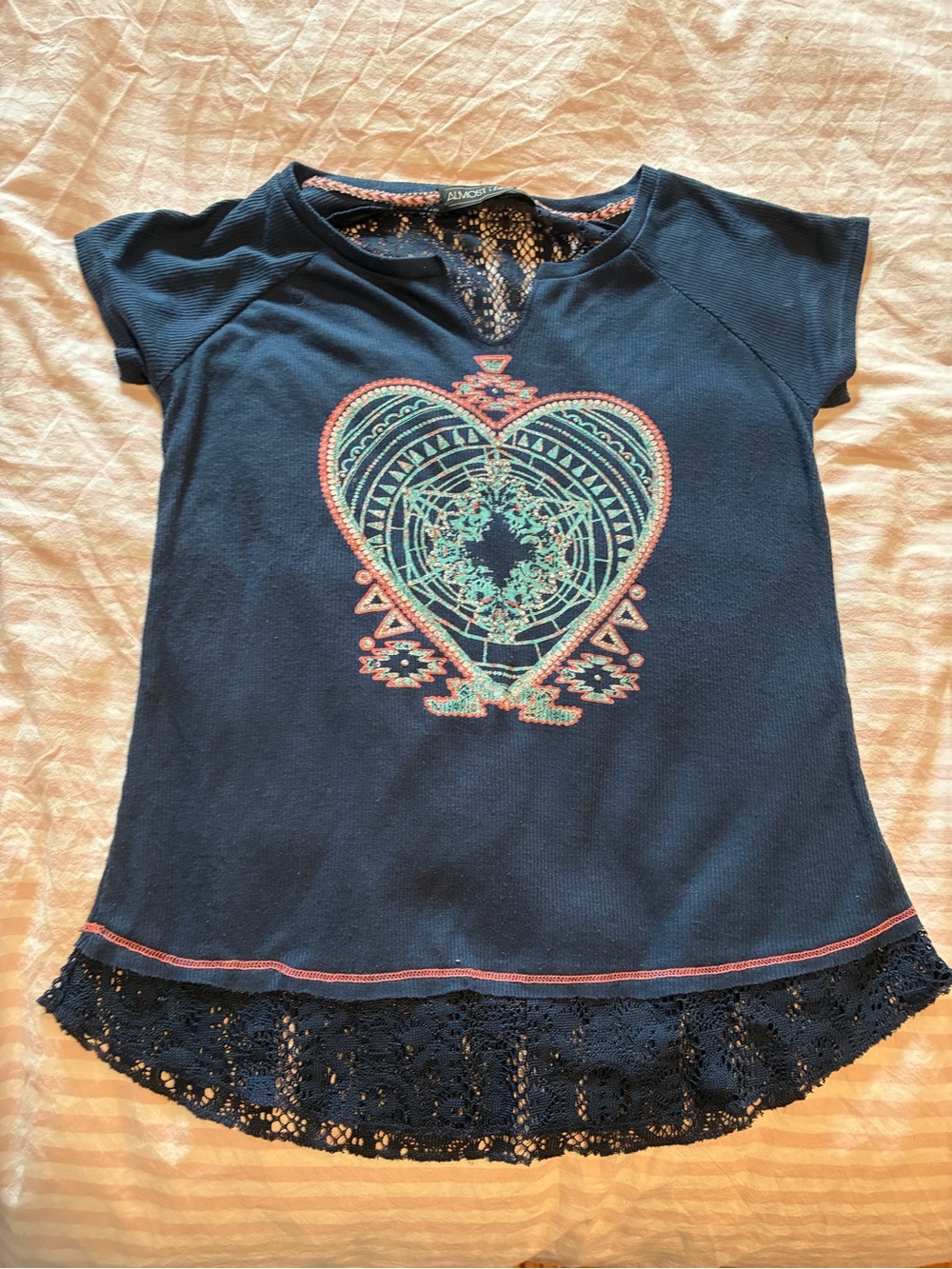 Navy Heart Graphic Lace-Hem Women’s Top